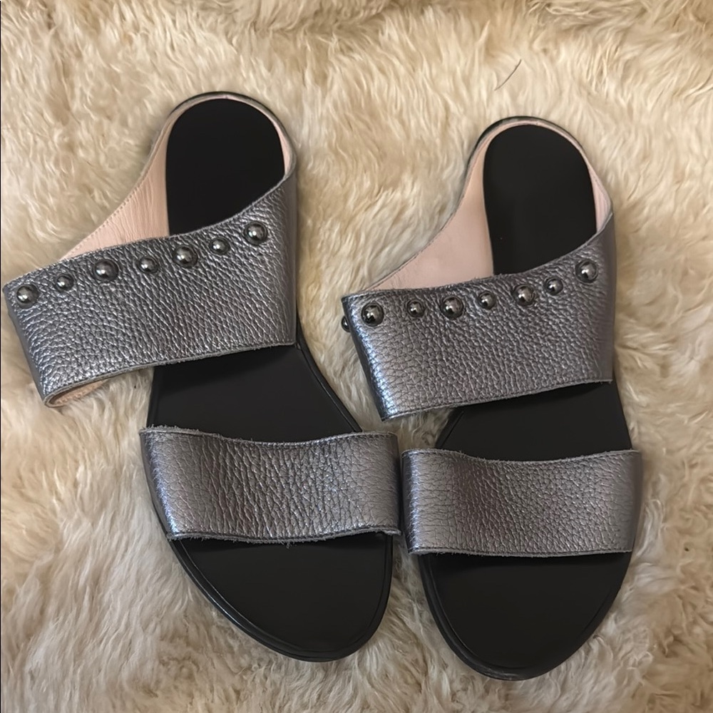 Lanvin Silver Sandals with Metallic Straps and Studded Design
